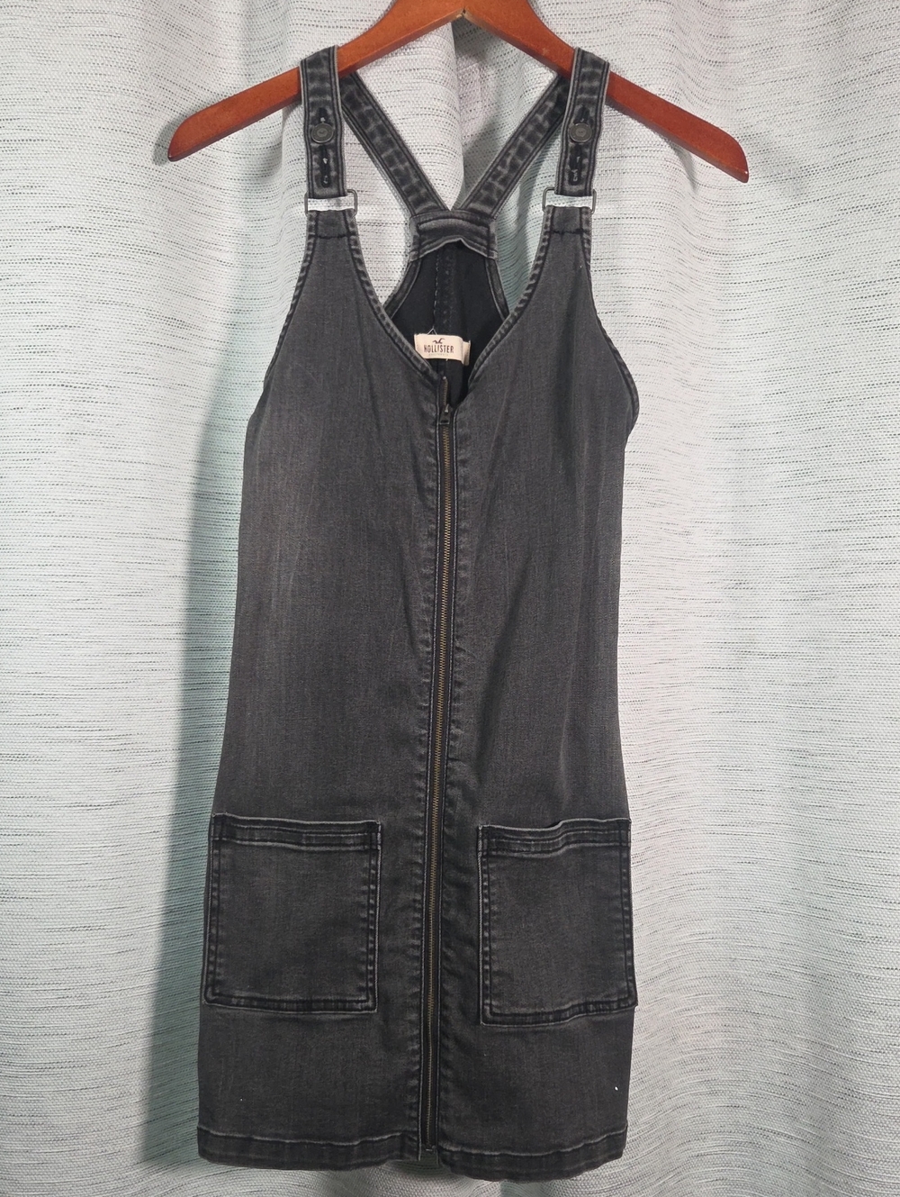 Hollister Charcoal Zip-Front Denim Pinafore Mini Dress